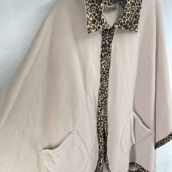 Le Moda Womens Wrap blanket Sweater Leopard Trim Full Zip Pocket Beige Tan One S - Picture 4 of 11